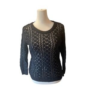 Vintage Y2K Hollister Women Open‎ Knit Crochet Fisherman Sweater S Navy Coastal